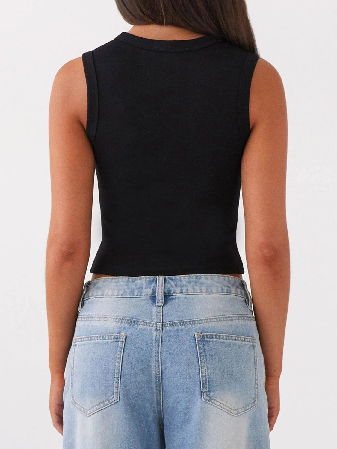 Black ribbed knit button-down crop top with a crew neck.