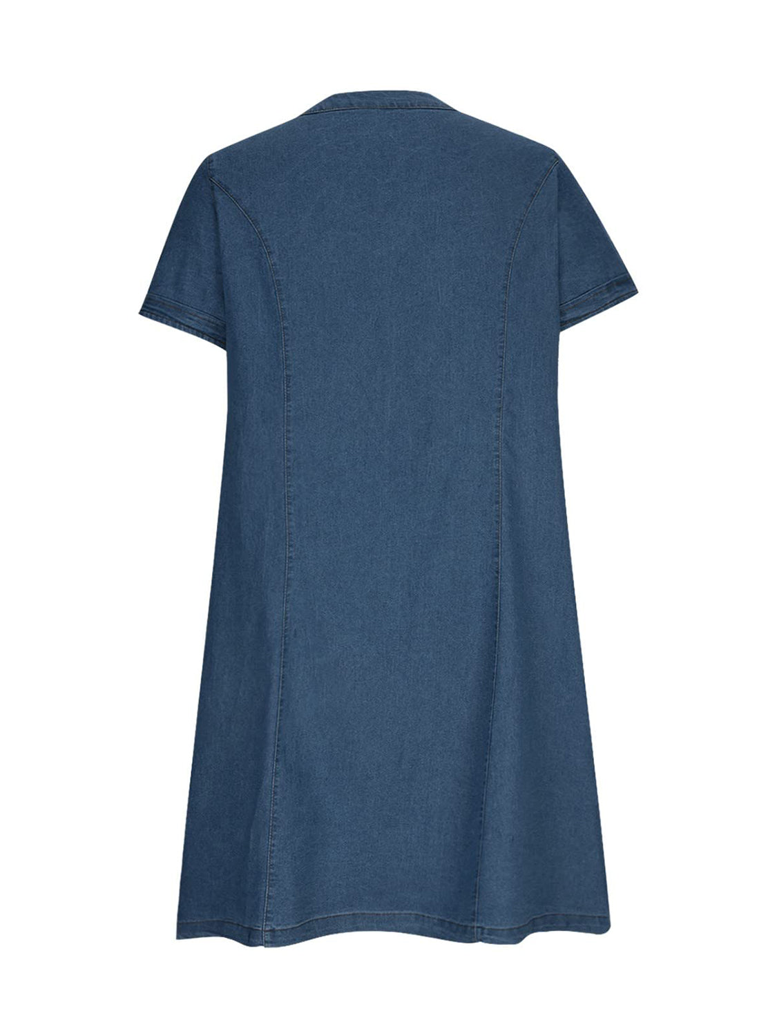 Denim trapeze dress in dusty blue with short sleeves and V-neckline.