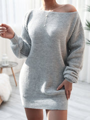 Off-shoulder ribbed knit mini dress in charcoal, 100% acrylic, with long sleeves.