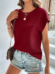 Burgundy woven texture cap-sleeve blouse with a relaxed fit