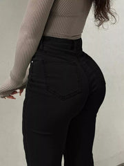 Black denim maternity jeans with pockets and a sculpted flare leg.