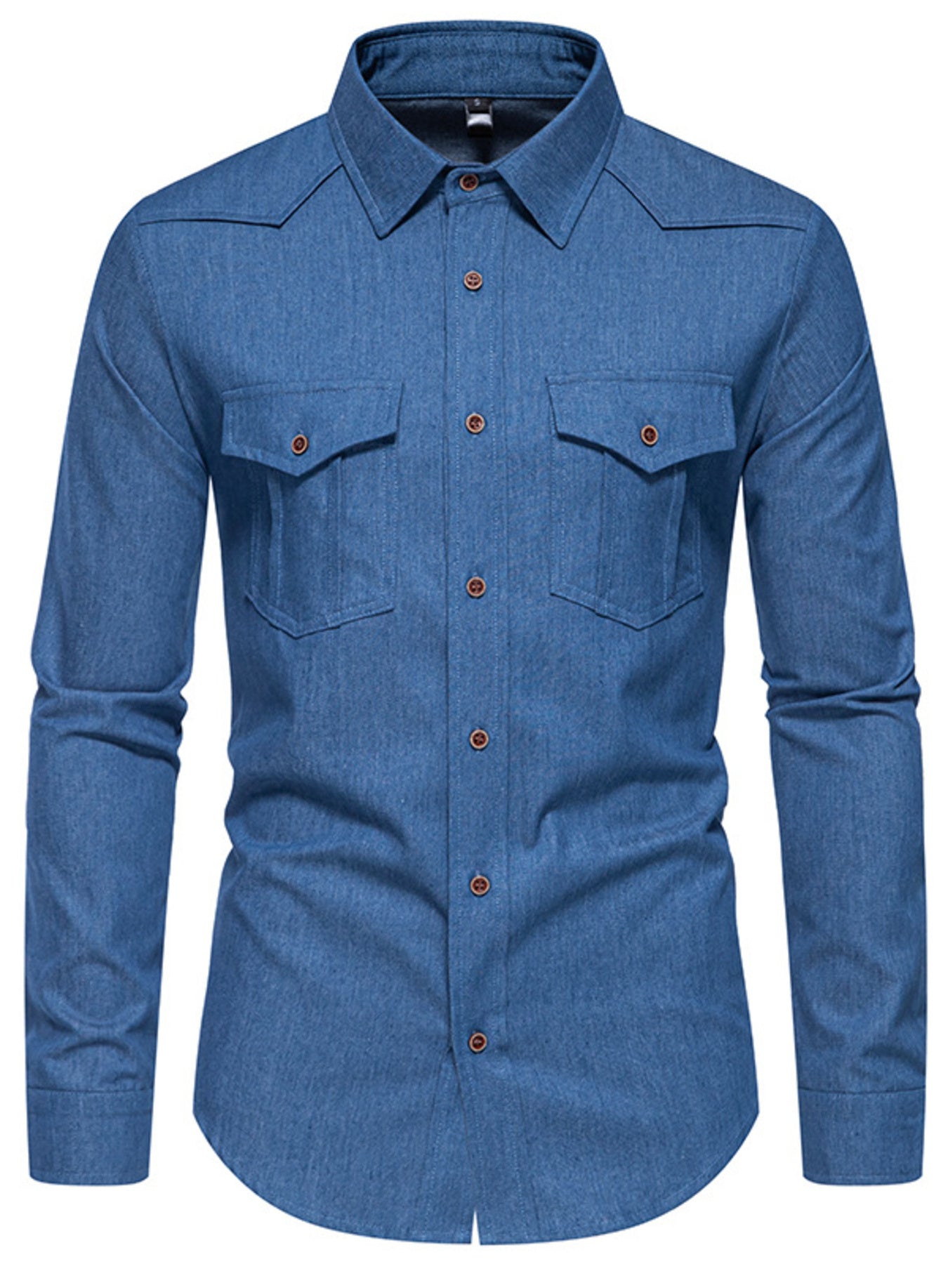 Men's dark blue denim button-down shirt with two chest pockets and button closures.