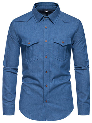 Men's dark blue denim button-down shirt with two chest pockets and button closures.