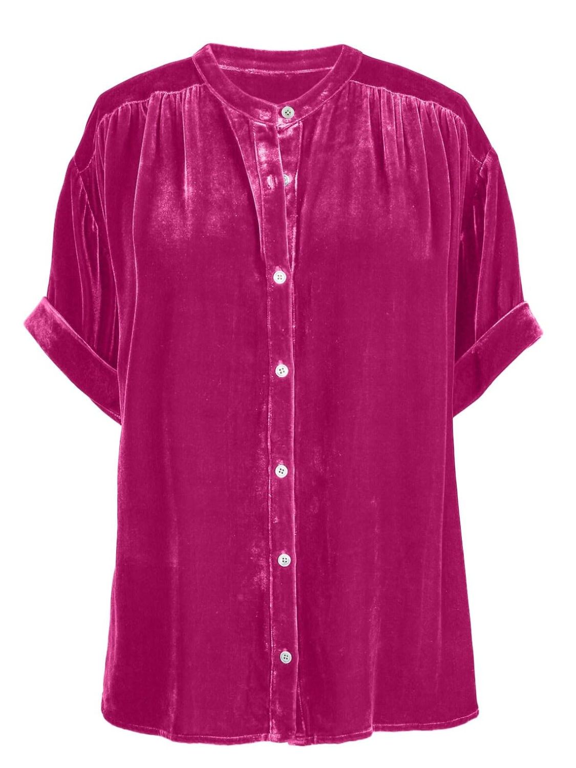 Velvet button-down blouse with mandarin collar and short sleeves in cerise.