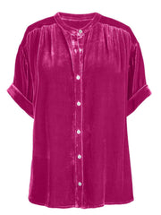 Velvet button-down blouse with mandarin collar and short sleeves in cerise.