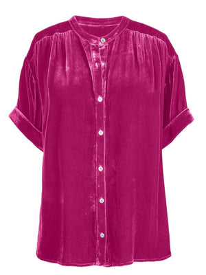 Velvet button-down blouse with mandarin collar and short sleeves in cerise.