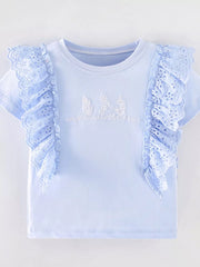 Light blue cotton t-shirt with eyelet ruffles and floral embroidery.