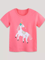 Pink cotton toddler t-shirt with a white unicorn graphic and a flower detail.