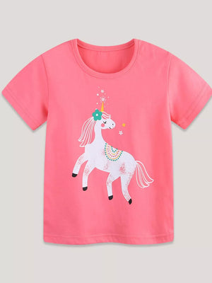 Pink cotton toddler t-shirt with a white unicorn graphic and a flower detail.