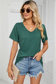 Heathered dark green v-neck t-shirt with short sleeves