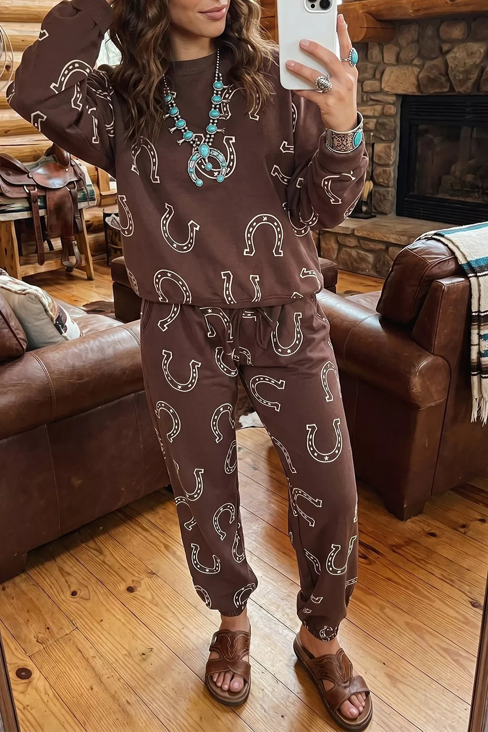Western Print Elastic Waist Pocket Pant Set in Coffee Brown, side view