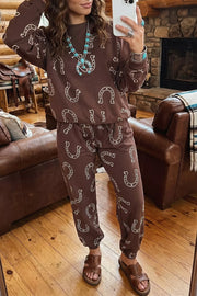 Western Print Elastic Waist Pocket Pant Set in Coffee Brown, side view
