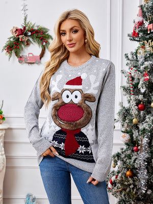 Light gray acrylic knit sweater with festive reindeer graphic, Santa hat, and snowflake pattern.