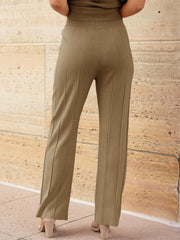 Seamed knit wide-leg pants in Camel with vertical seam details.