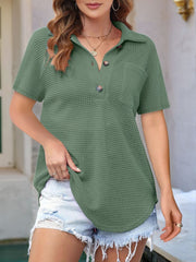 Sage green waffle knit polo shirt with button detail and short sleeves