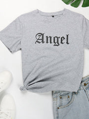 Gray t-shirt with black Angel graphic and knotted hem