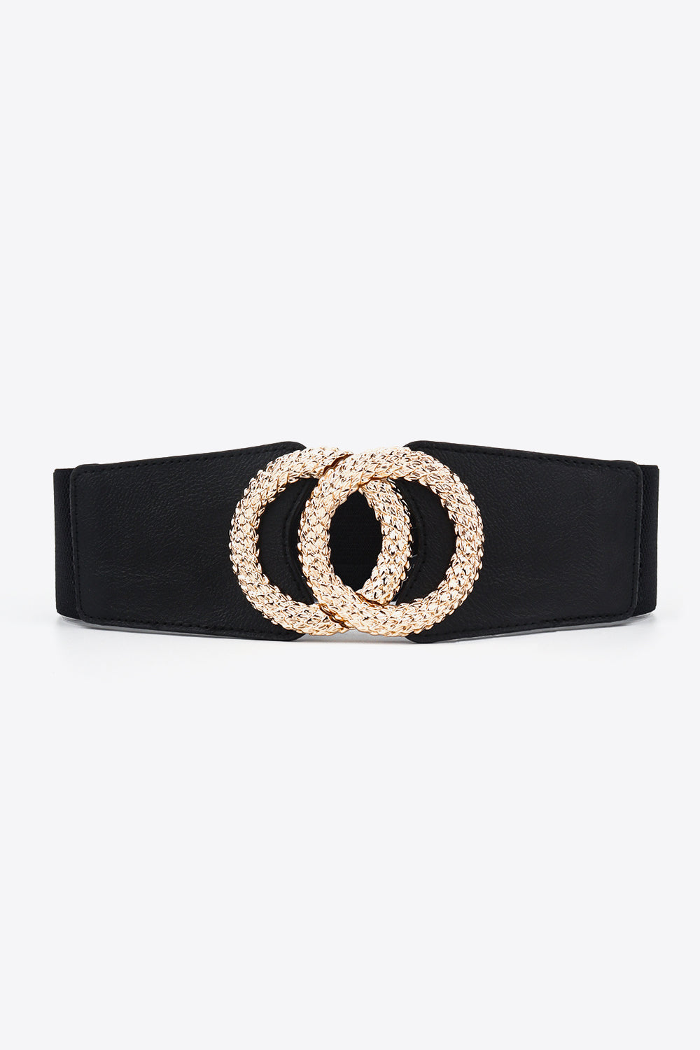 Black elasticated waist belt with textured gold double ring buckle