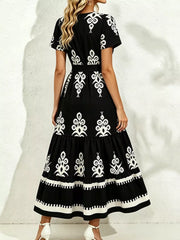 Printed Surplice Short Sleeve Dress in Blue, product detail