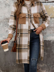 Tonal plaid shacket with sherpa accents in coffee brown, featuring button front and chest pockets.
