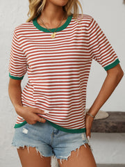 Retro stripe knit tee with contrast green trim and crew neck.