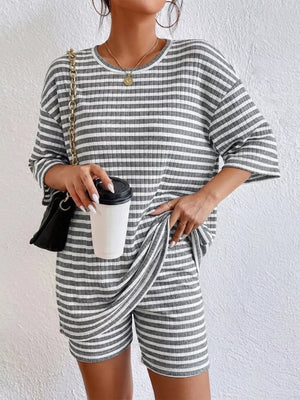 Gray striped two-piece set with elbow sleeves and shorts, comfortable casual outfit.