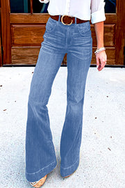 High-waisted denim bell bottom jeans in light wash, featuring a buttoned closure and flared legs.