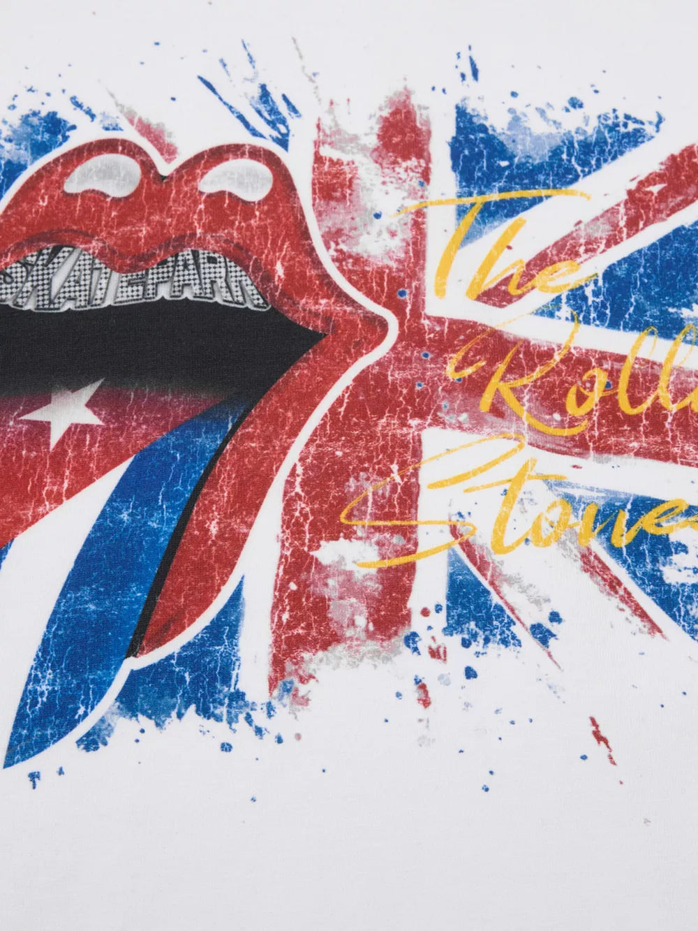 White cotton t-shirt with Rolling Stones graphic and distressed Union Jack.