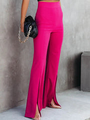 Deep Rose split-front flared tailored trousers with a high waist.