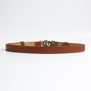 Brown vegan leather belt with interlocking gold buckle detail