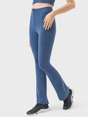 Dark Blue Sculpted Flare Active Zip Trousers with seam detail and flared leg