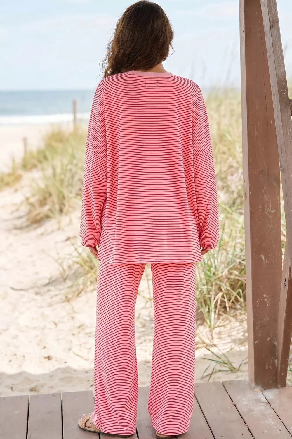 Striped Drop Shoulder Long Sleeve Top And Pants Set in Dusty Pink, side view