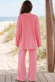 Striped Drop Shoulder Long Sleeve Top And Pants Set in Dusty Pink, side view