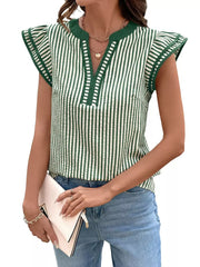 Green and white striped blouse with ruffle sleeves and V-neck