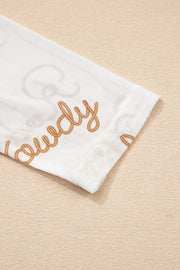 White sheer mesh shirt with brown rope-style text detail