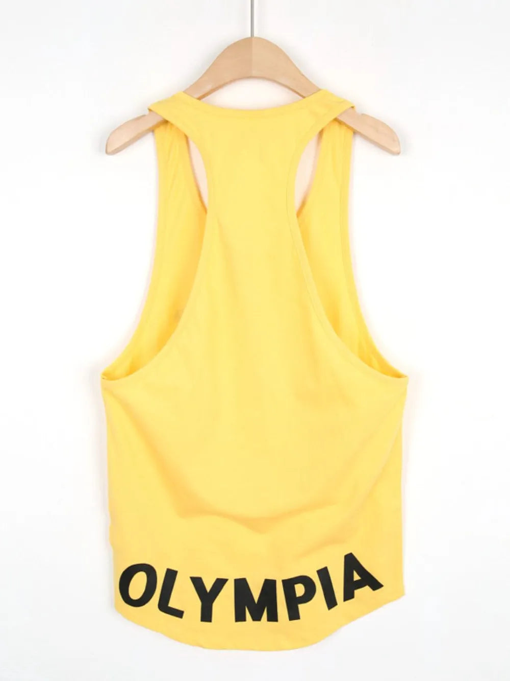 Yellow Olympia racerback tank top with bold text detail