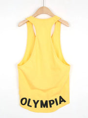 Yellow Olympia racerback tank top with bold text detail