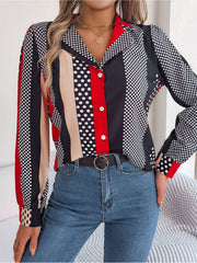 Collared blouse with black, red, beige, and white polka dot and stripe print.
