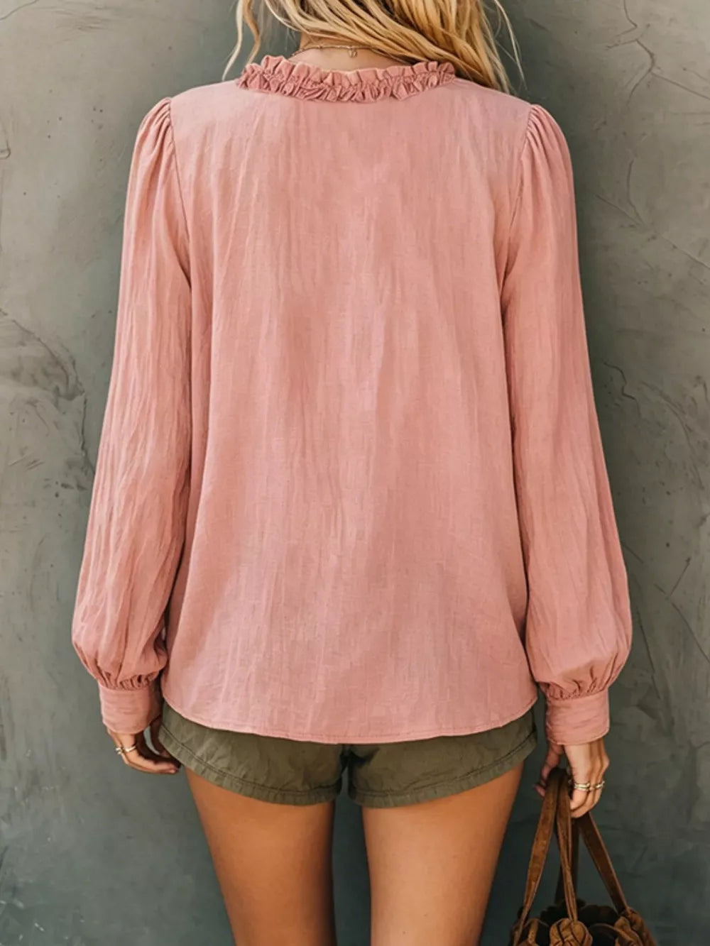 Frill V-neck Long Sleeve Blouse in White, fabric detail