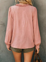 Frill V-neck Long Sleeve Blouse in White, fabric detail