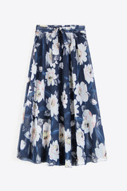 Chiffon midi skirt in dark blue with white floral print and belted waist
