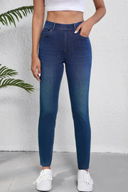 Sculpted denim high-waisted pull-on jeans in medium wash, cotton, slim fit