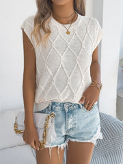 Diamond knit sleeveless top in burgundy, cream, or khaki.