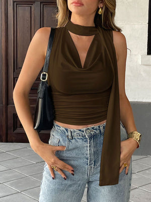 Brown cowl neck cami top with tie detail and ruched sides