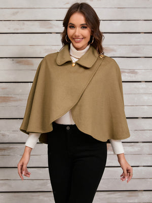 Camel asymmetric button-front cape jacket with gold button detail.