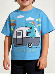 Blue toddler t-shirt with dinosaur and camper graphic and "Let's Camp" text.