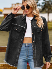 Black overshirt with frayed edges and patch pockets, button front, collared, long sleeves.