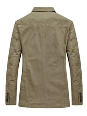 Slim fit casual blazer in khaki cotton with button-up design and elbow patches.