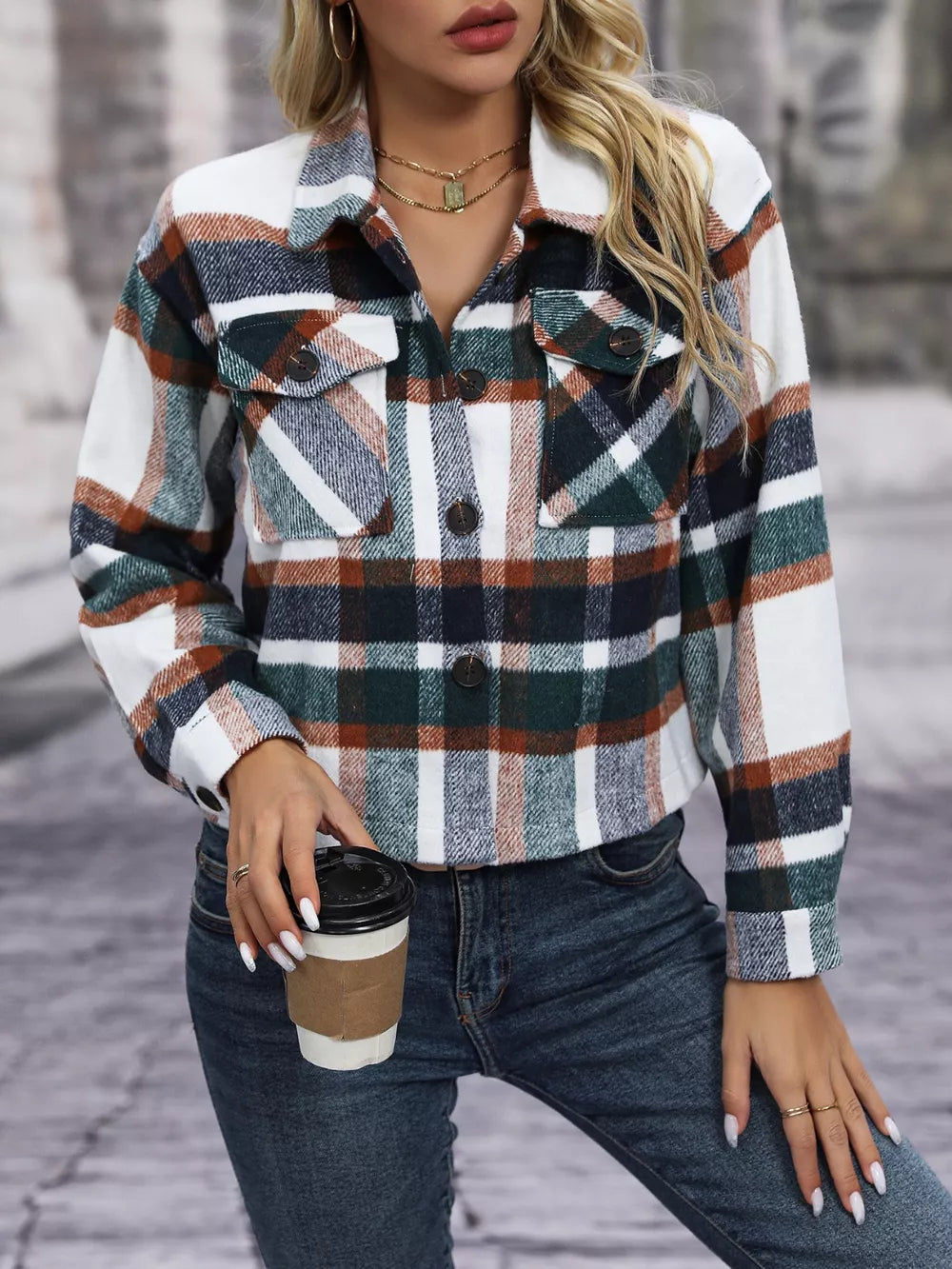 Plaid pocketed jacket with classic collar and button-down front in Black Forest.