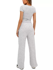Ruched Short-sleeve Pants in Khaki Color, side view