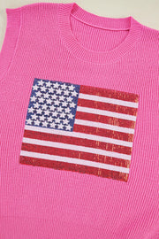 Fuchsia pink knit tank top with a sequin American flag detail on the chest.